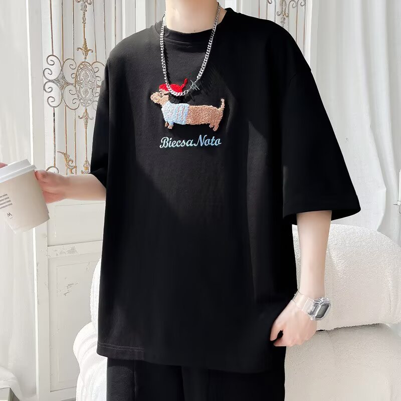 白Tシャツ メンズ ダックス刺繍ゆったり七分袖