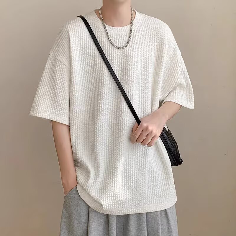 白Tシャツメンズ 立体ワッフル編み五分袖オーバーサイズ半袖