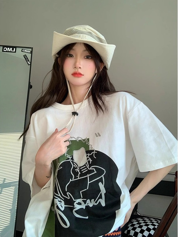 白Tシャツ レディース イラストアートオーバーサイズ半袖