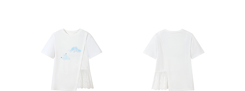 白Tシャツ レース裾切替え雲柄デザインシャツ