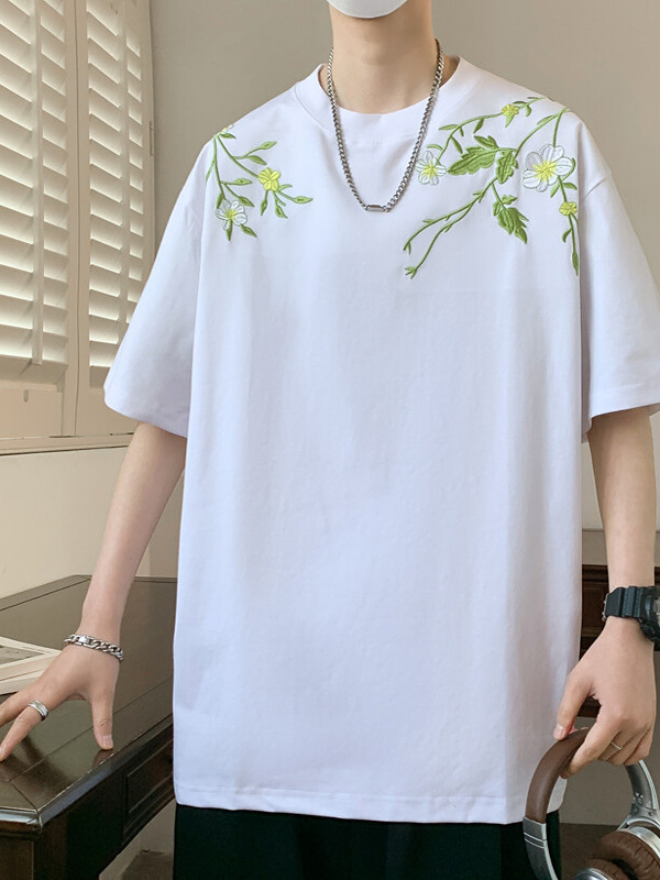 白Tシャツ メンズ 花草刺繍ゆったり半袖