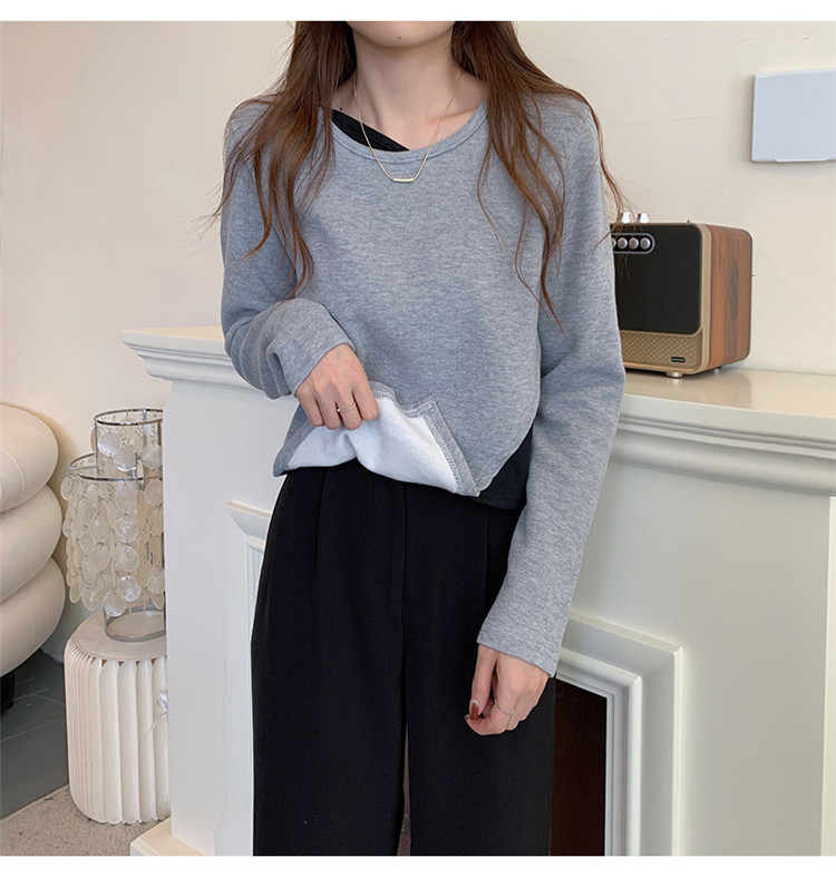 白Tシャツ 裏起毛重ね着風丸首長袖シャツ レディース