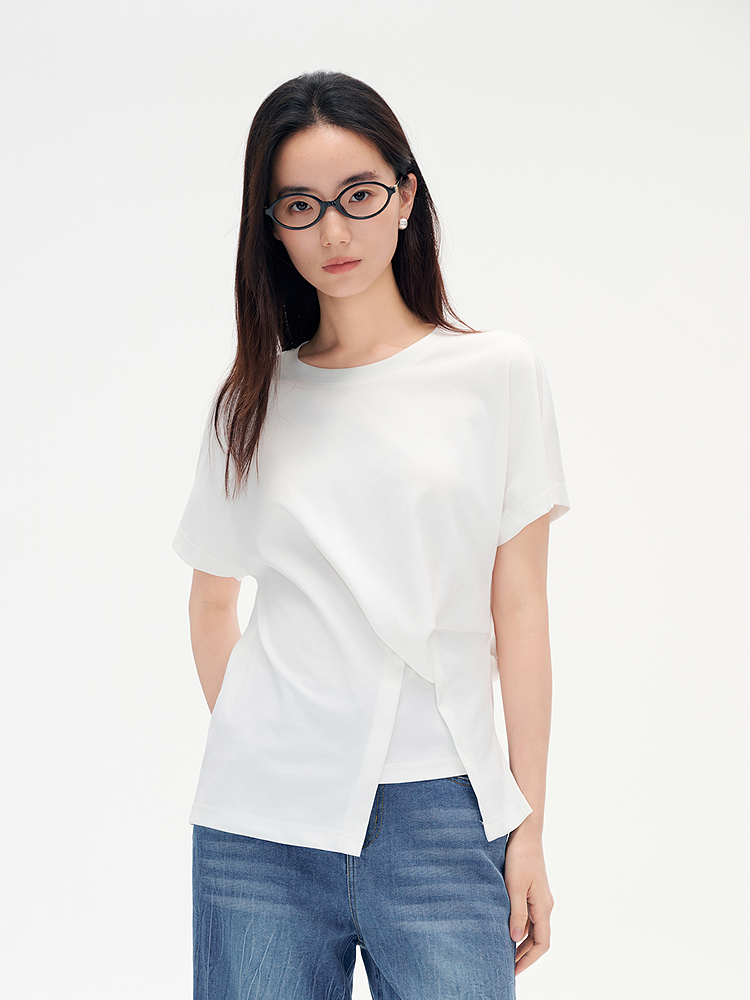 白Tシャツ アシンメトリーレイヤード半袖カットソー