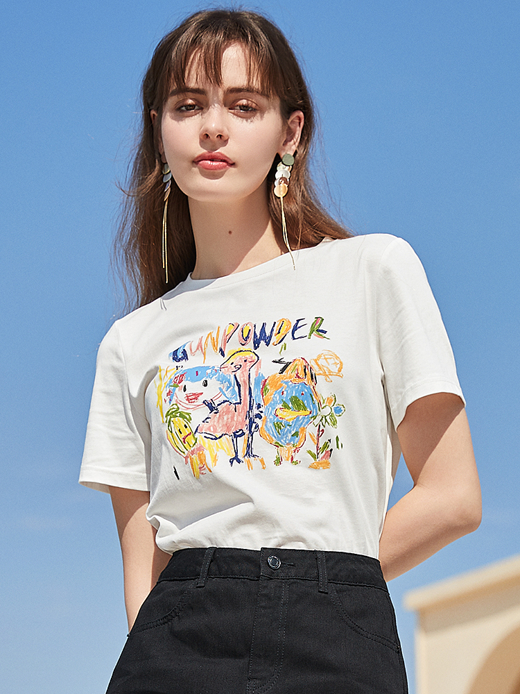 白Tシャツ 手描き風アート 半袖カットソー