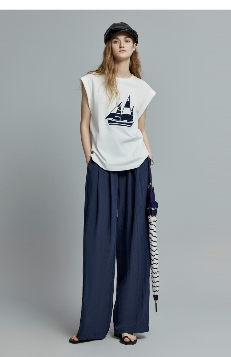 白Tシャツ ヨットプリント ノースリーブトップス