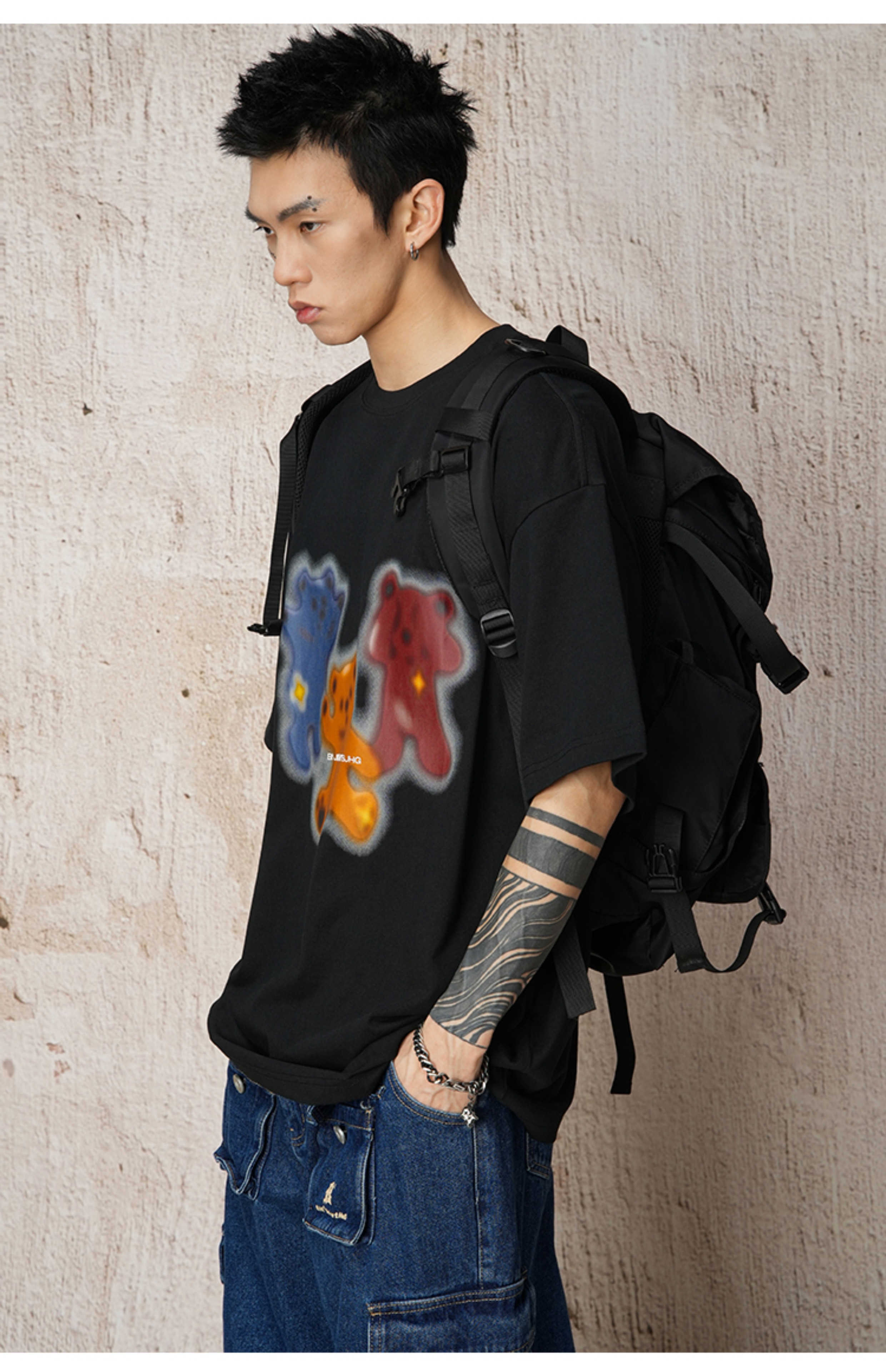 白Tシャツ メンズ 三色くまさん柄プリント半袖