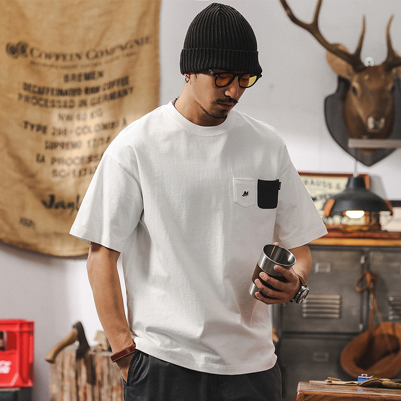 メンズ ゆったり半袖白Tシャツ ポケット付きカジュアルトップス