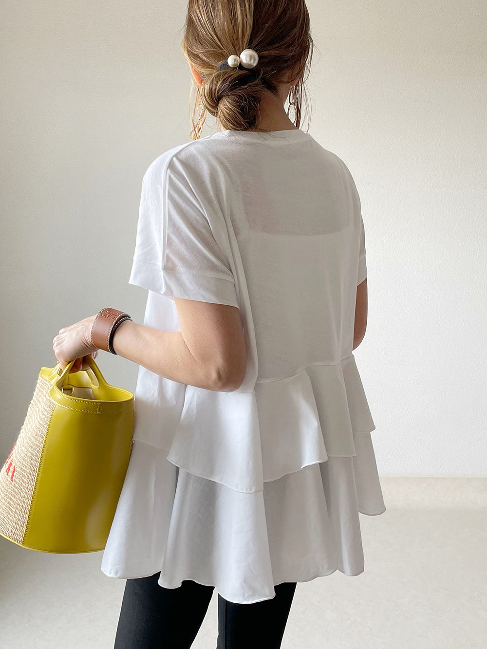 白Tシャツ 白色ティアードフリル半袖Tシャツ