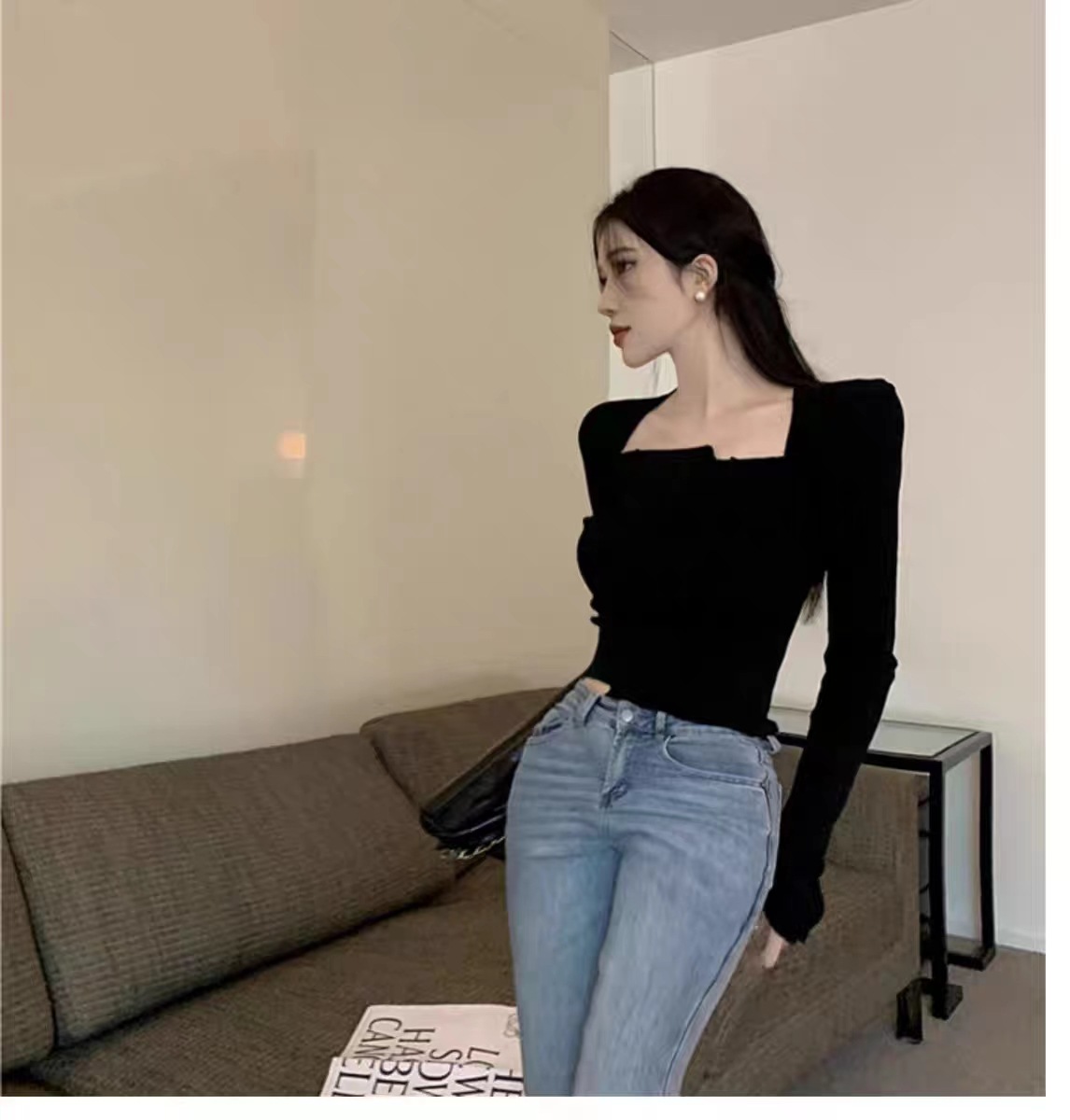 白Tシャツレディース スクエアネック長袖切替ステッチトップス