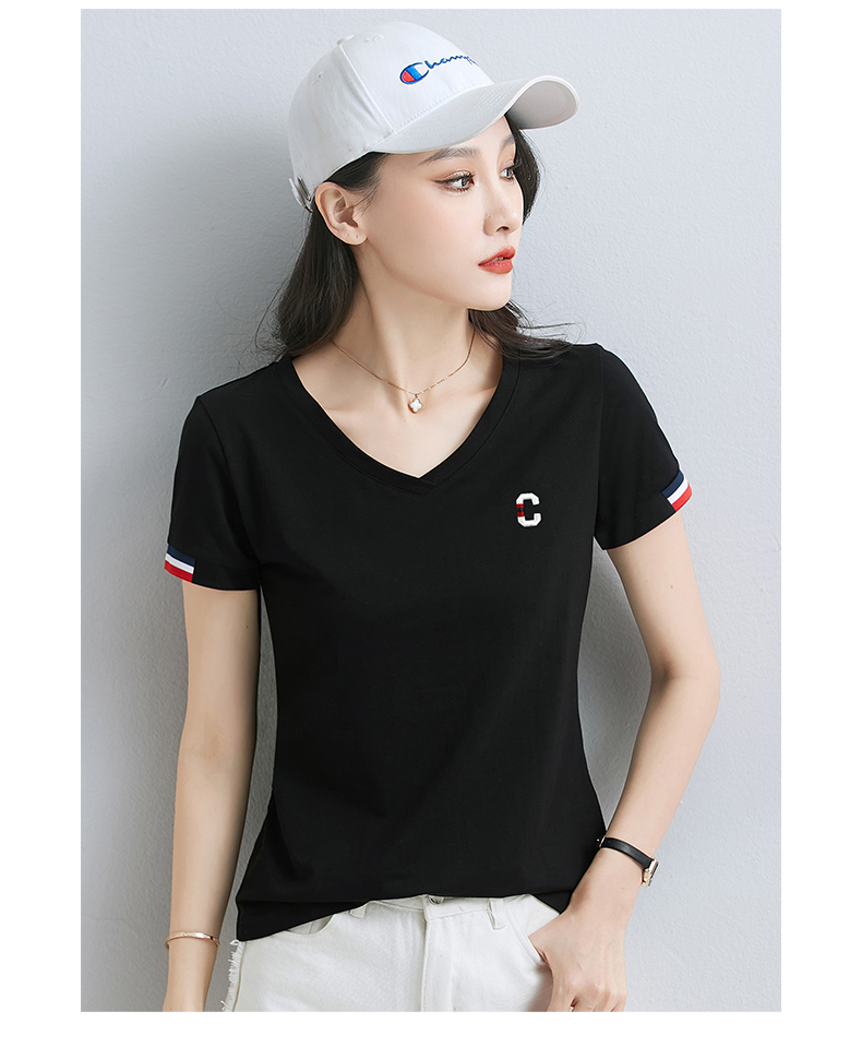 白Tシャツ トリコロール刺繍入り細身Vネック