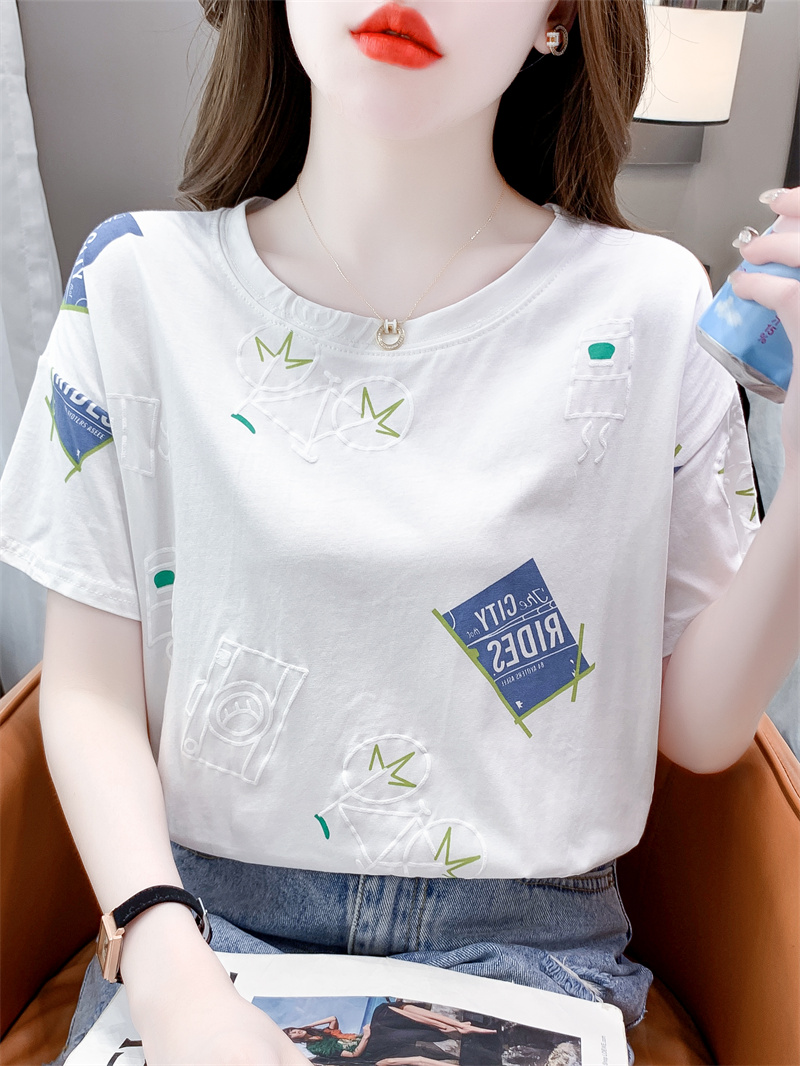 白Tシャツ レディース モダン柄プリントゆったり半袖