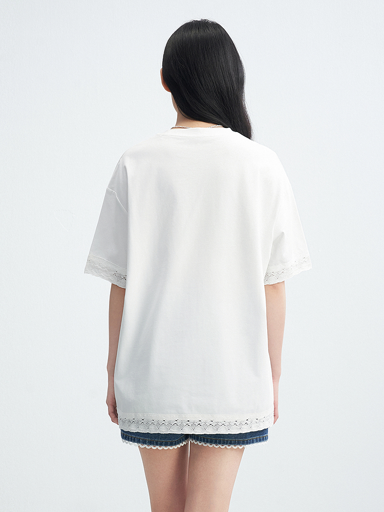 白Tシャツ レース飾り付きゆったり半袖カットソー