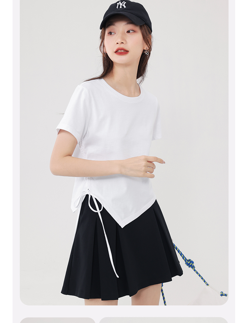 白Tシャツ サイドリボン 非対称裾デザイン Tシャツ