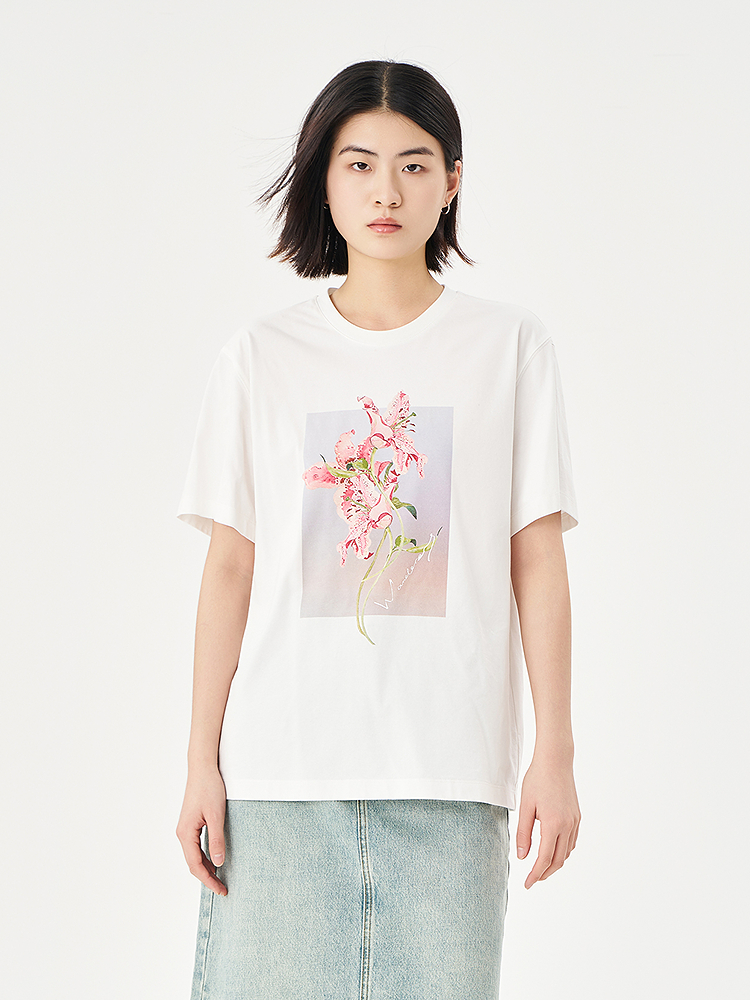 白Tシャツ レディース 優美な花柄プリント半袖