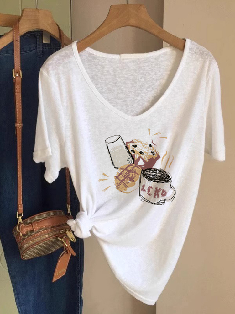 白Tシャツ イラスト柄ゆったりカットソー