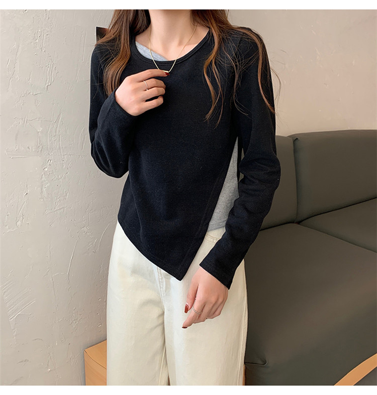 白Tシャツ 裏起毛重ね着風丸首長袖シャツ レディース