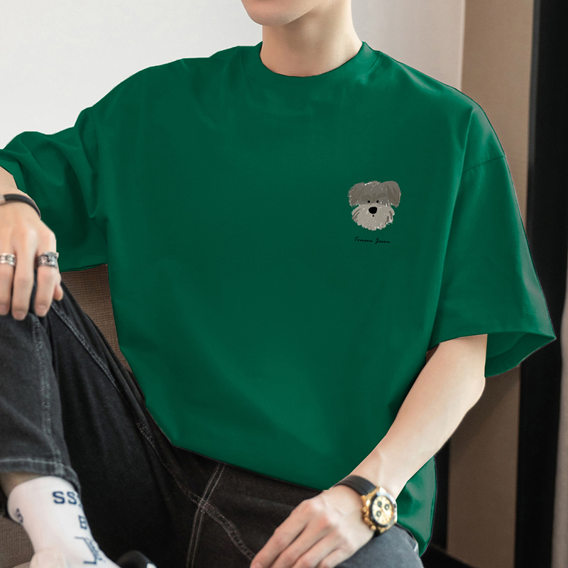 白Tシャツ メンズ 子犬刺繍入りゆったり半袖