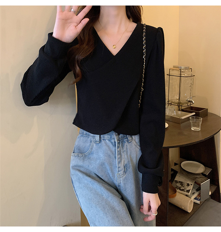 白Tシャツ ブイネック パフスリーブ 交差デザイン 長袖 白色トップス レディース