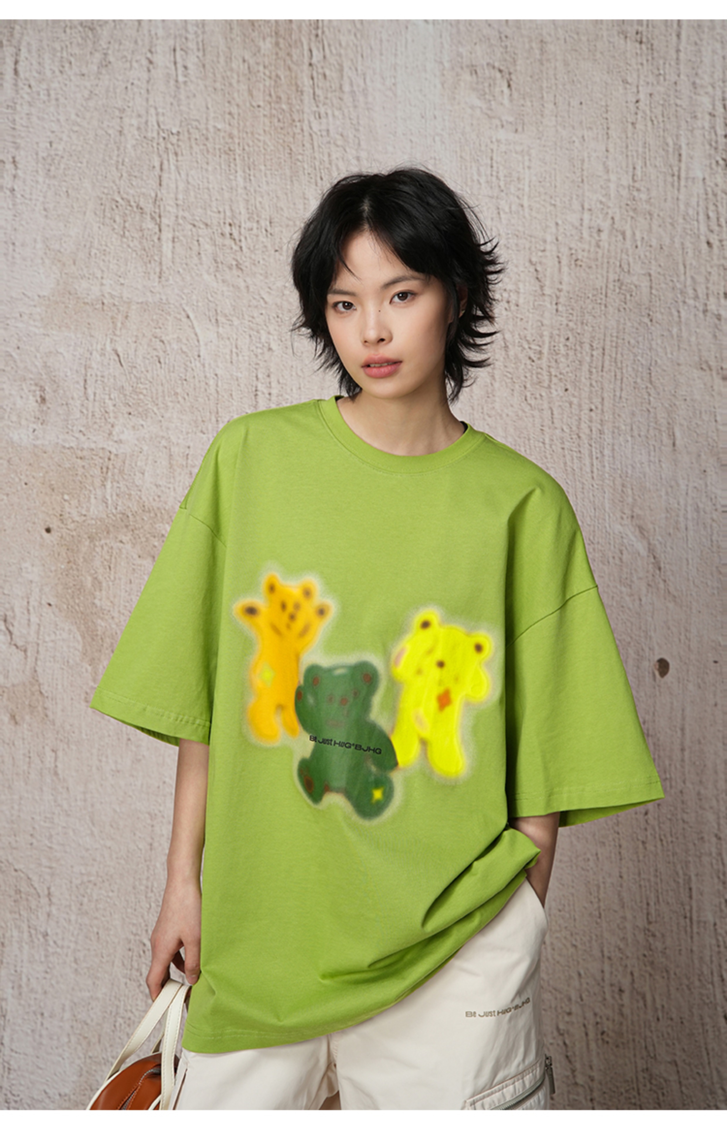 白Tシャツ メンズ 三色くまさん柄プリント半袖