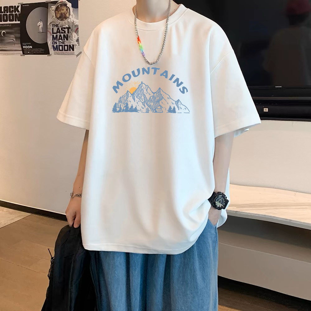 白Tシャツ 山脈イラスト入りシンプル半袖