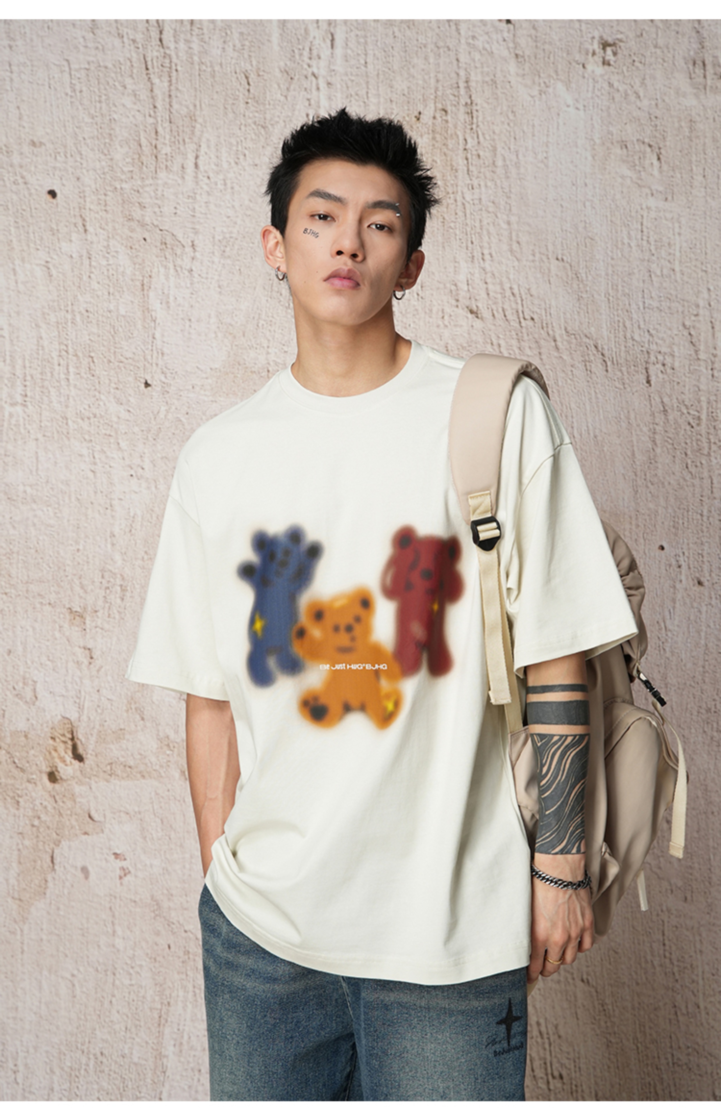 白Tシャツ メンズ 三色くまさん柄プリント半袖