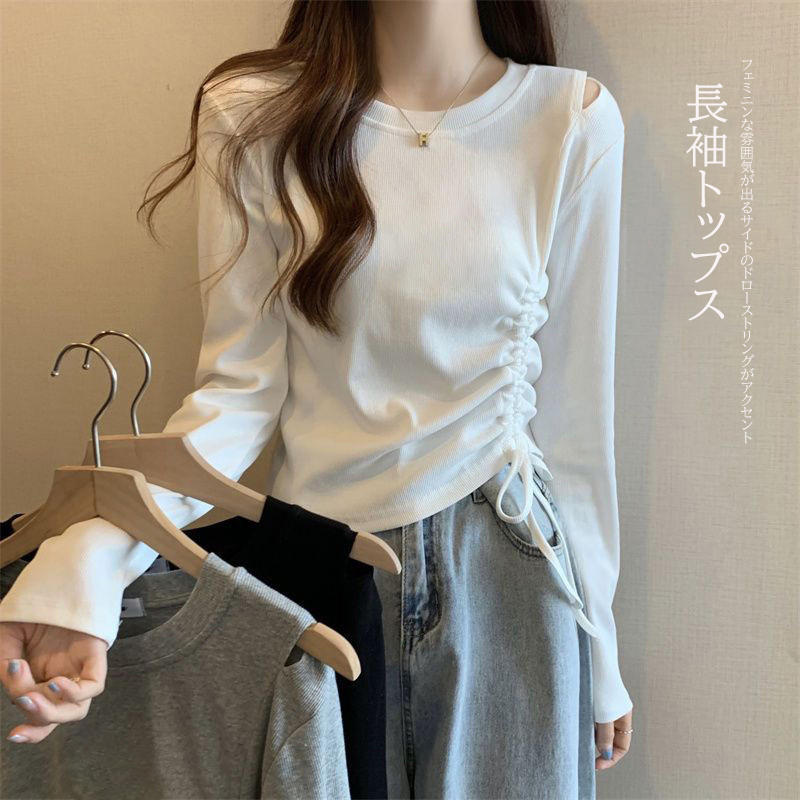 白Tシャツ レディース 白 長袖トップス サイドドロスト リブ素材