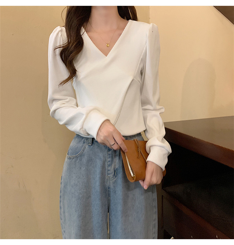 白Tシャツ ブイネック パフスリーブ 交差デザイン 長袖 白色トップス レディース