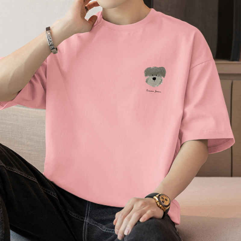 白Tシャツ メンズ 子犬刺繍入りゆったり半袖