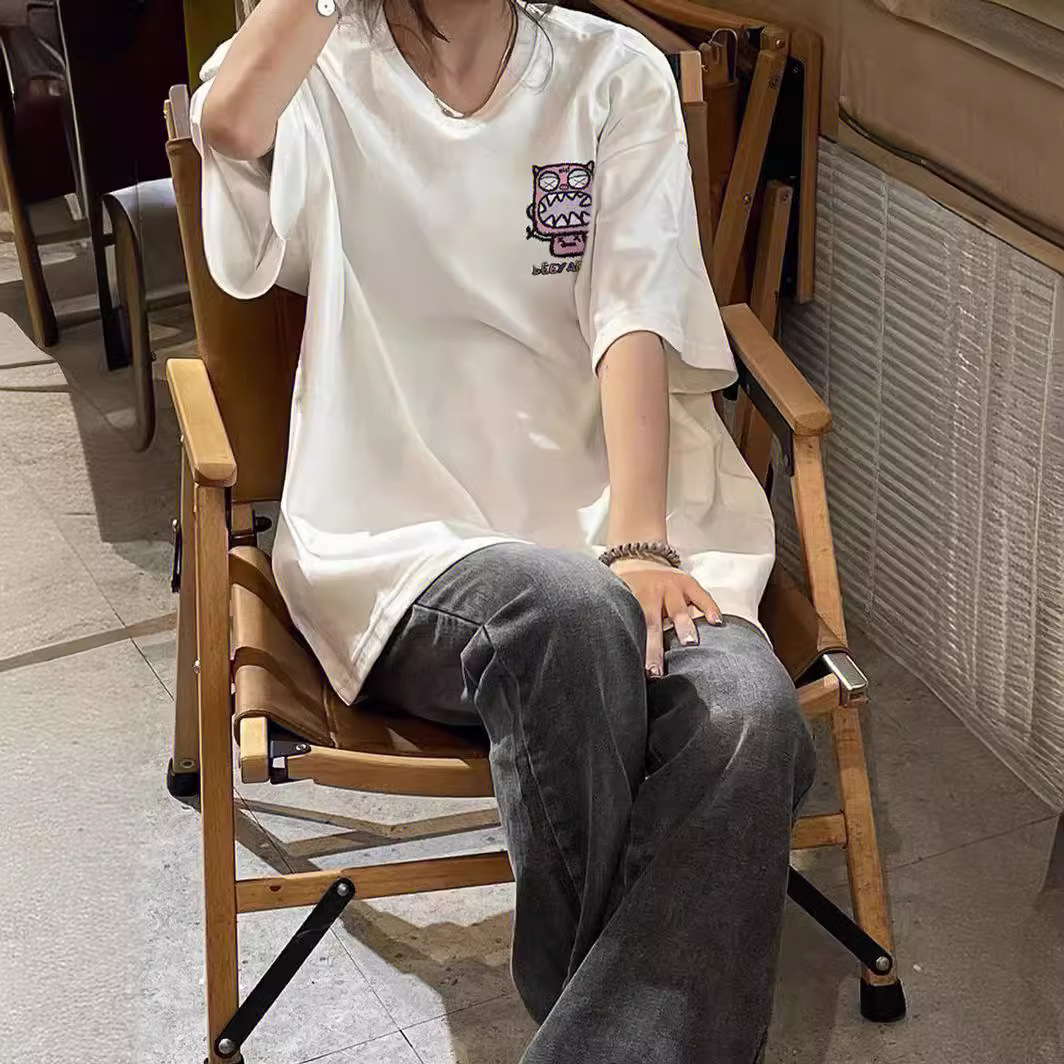 白Tシャツ レディース ゆるキャラ刺繍オーバーサイズ半袖