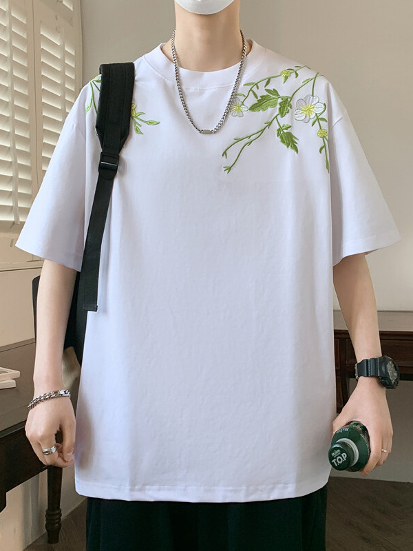 白Tシャツ メンズ 花草刺繍ゆったり半袖