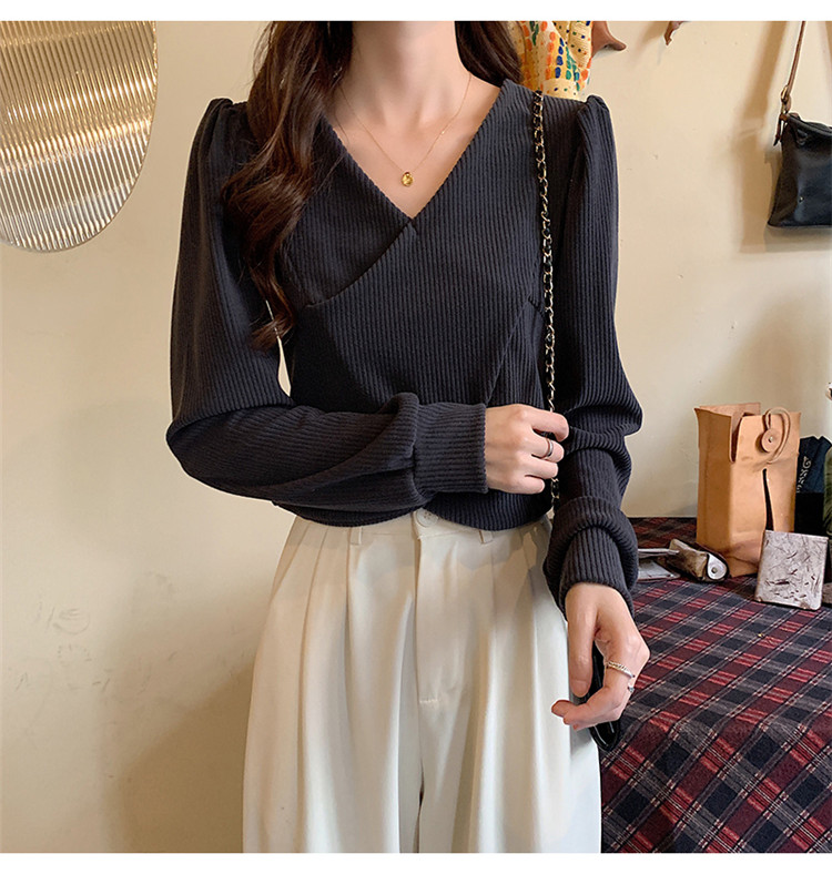 白Tシャツ ブイネック パフスリーブ 交差デザイン 長袖 白色トップス レディース