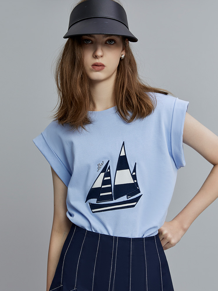 白Tシャツ ヨットプリント ノースリーブトップス
