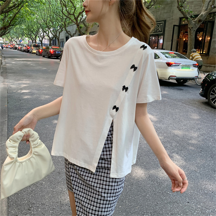 白Tシャツ 蝶結び装飾スリット入り半袖白色ティーシャツ