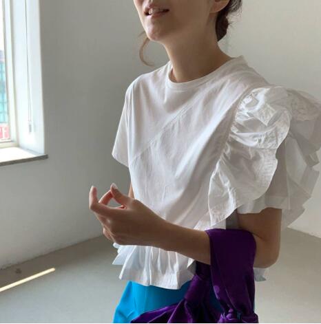白Tシャツ 白半袖ティーシャツ フリル袖 不規則裾デザイン