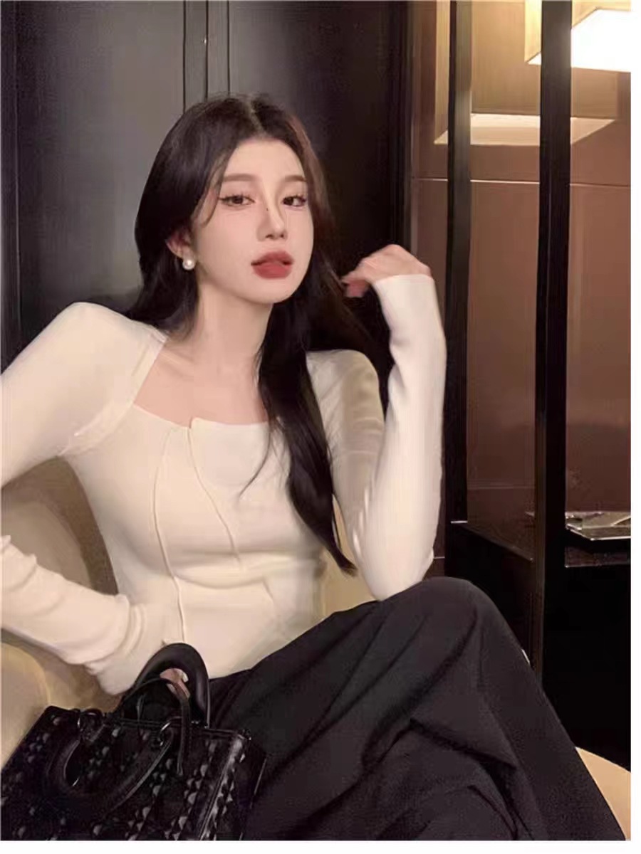 白Tシャツレディース スクエアネック長袖切替ステッチトップス