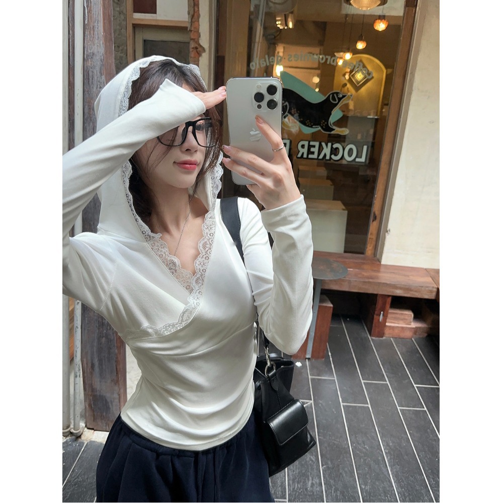 白Tシャツレディース レース襟付きフード長袖カットソー
