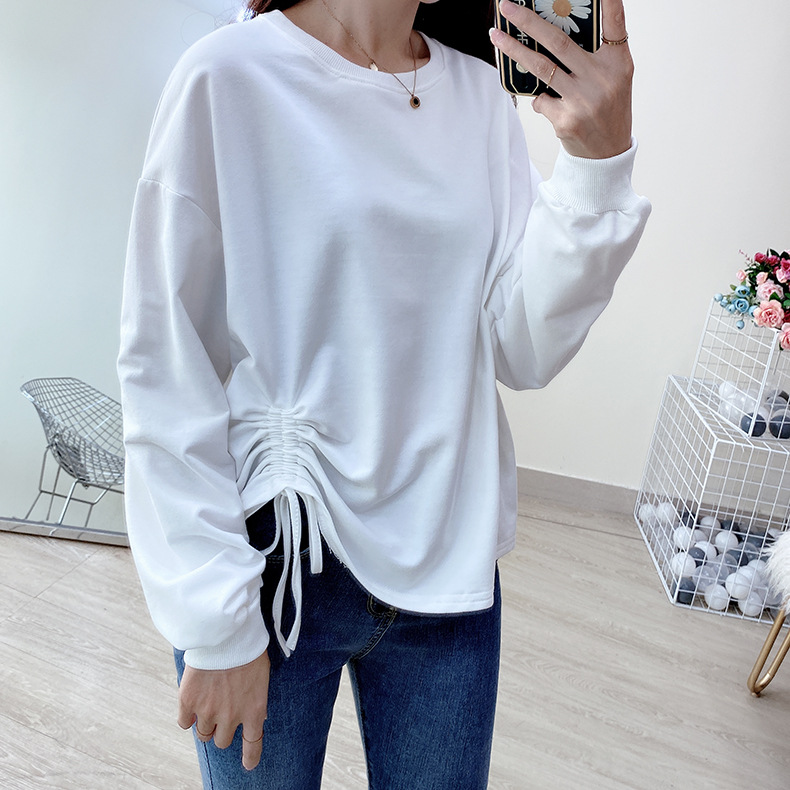 白Tシャツ 大人可愛い裾シャーリング白ティーシャツ