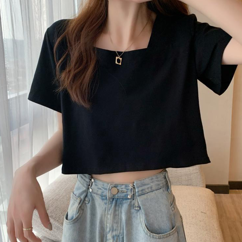 スクエアネック ショート丈半袖白Tシャツ レディース
