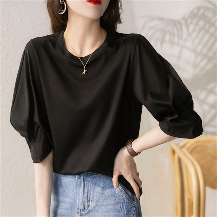 白Tシャツ ゆったりパフスリーブ丸首半袖白シャツ