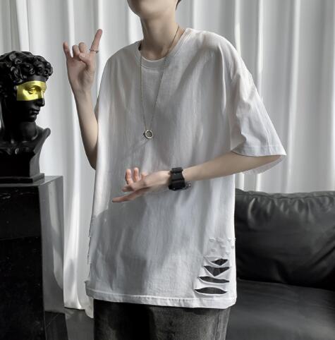 白Tシャツ メンズ白半袖ダメージ加工クルーネック半袖
