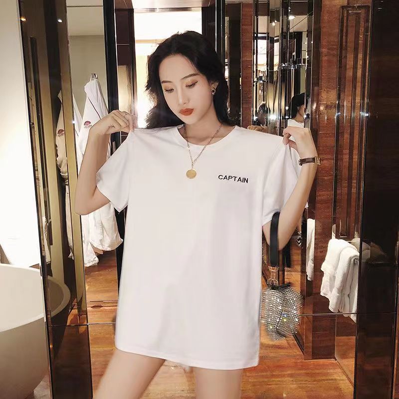 白Tシャツ レディース 胸元ロゴ入りクルーネック半袖
