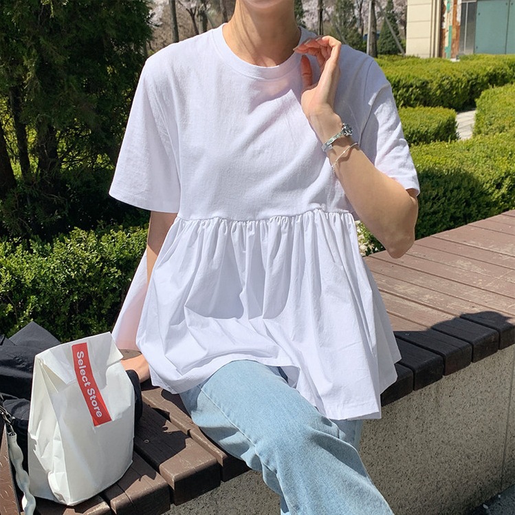 白Tシャツ フレア白半袖シャツ エーライン レディーストップス