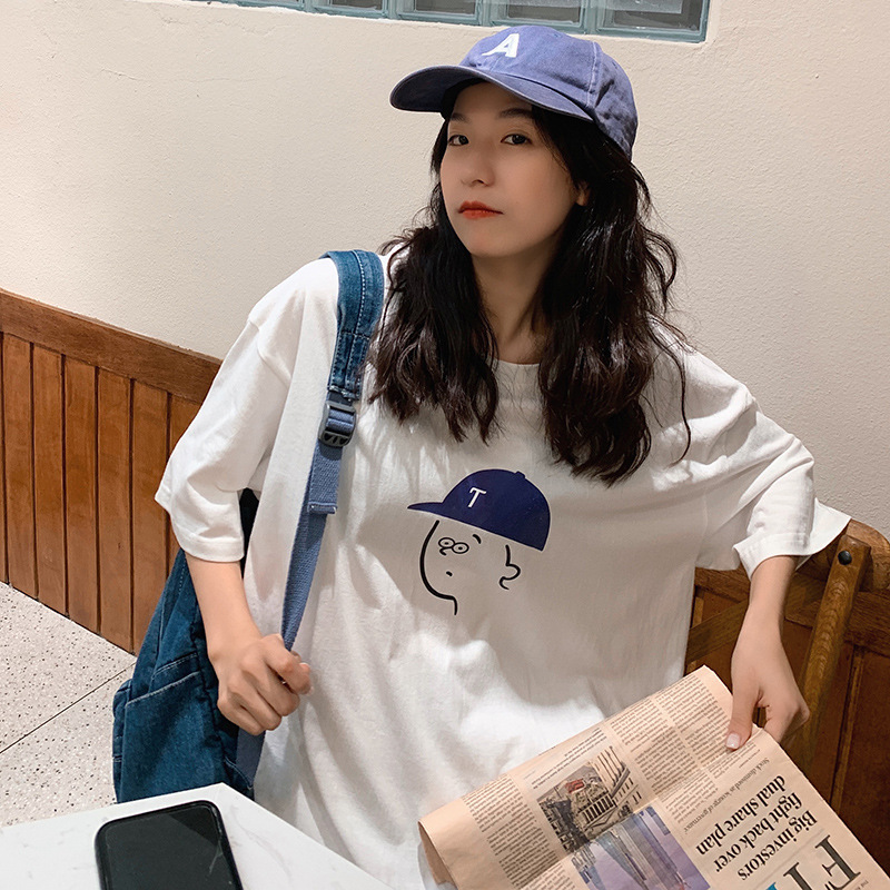 白Tシャツ レディース イラスト風帽子キャラクター七分袖