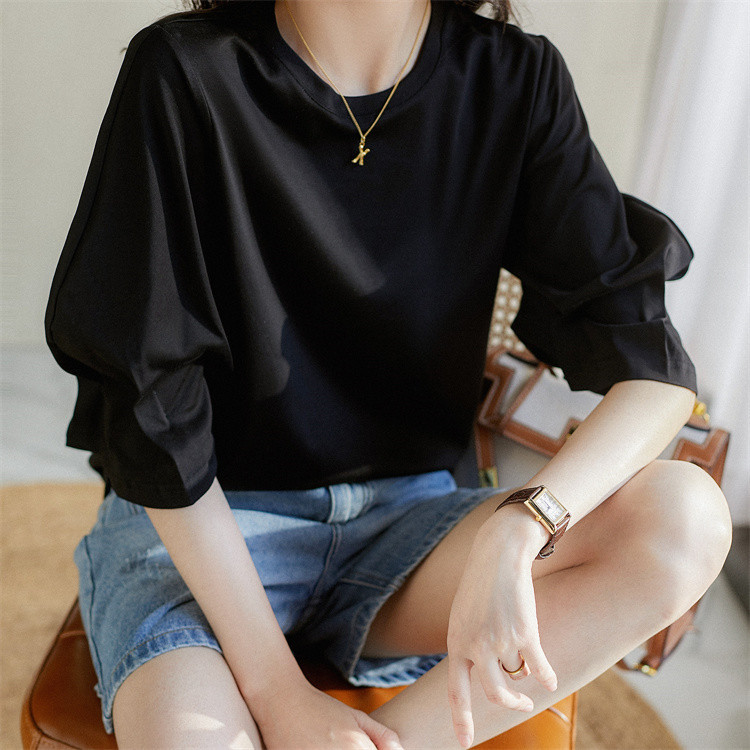 白Tシャツ ゆったりパフスリーブ丸首半袖白シャツ