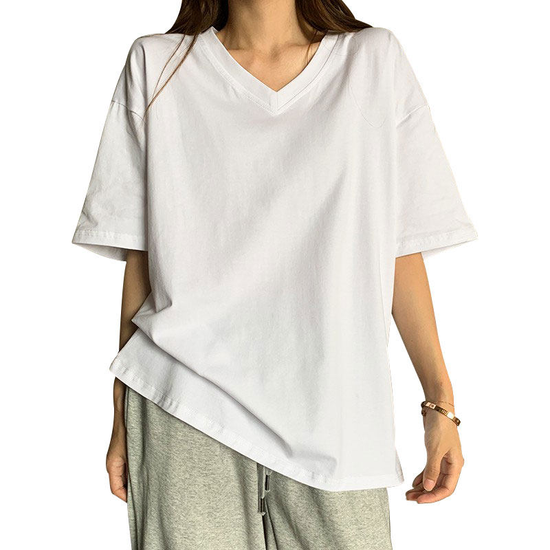 白Tシャツ ゆったりブイネックベーシック半袖トップス