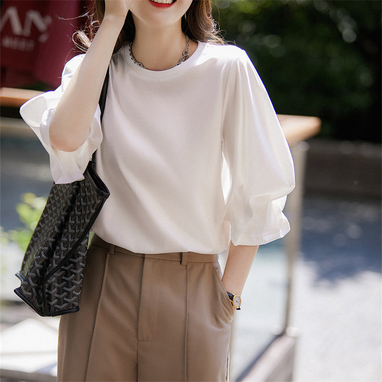 白Tシャツ ゆったりパフスリーブ丸首半袖白シャツ