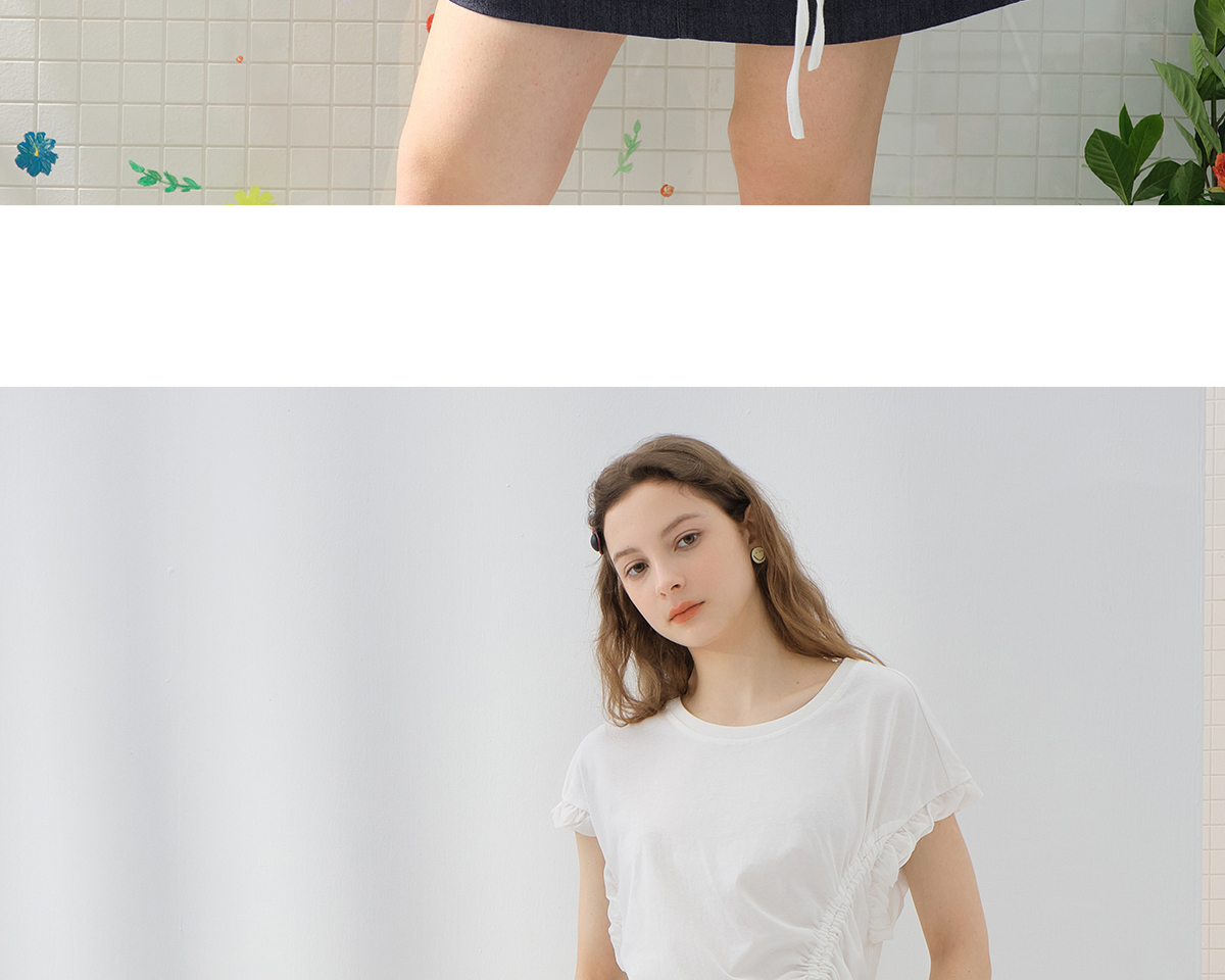 白Tシャツ サイドギャザーフリル袖カットソー