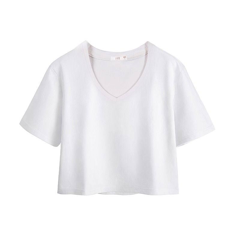 白Tシャツ 深めブイネック短丈半袖トップス