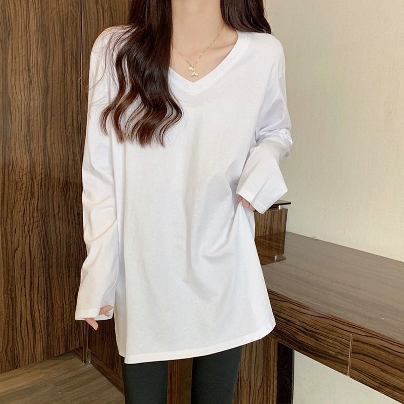 白Tシャツ ゆったりブイネック長袖ロング丈綿素材トップス