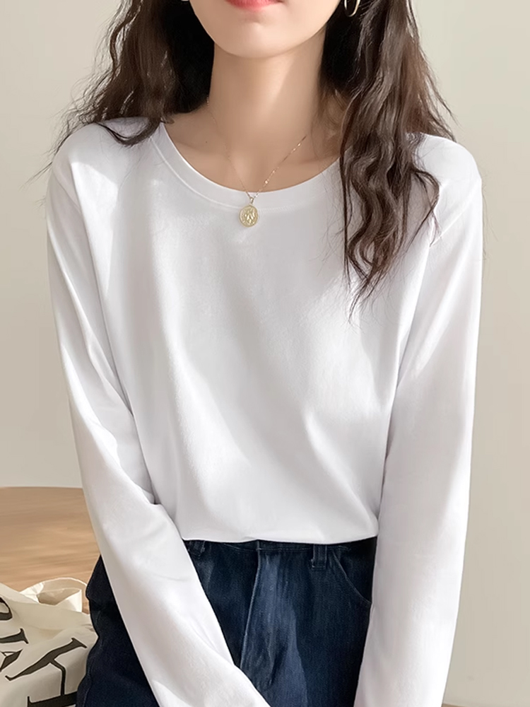 白Tシャツ レディース なめらか長袖クルーネックカットソー